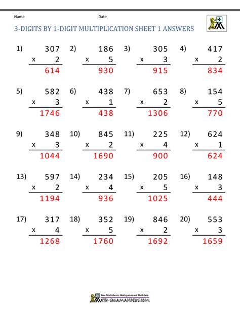 3 by 1 multiplication worksheet.